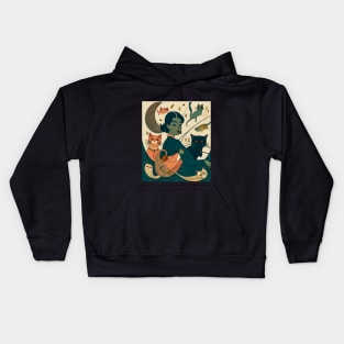 Vintage Art: Portrait of Girl Fishing with her cats Kids Hoodie